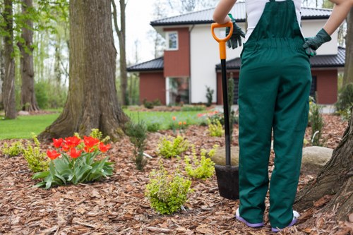 Team of gardeners receiving training outdoors with tools