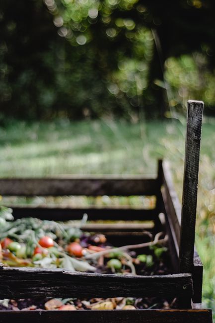 A weathered wooden garden bed with a dark, aged finish, filled with decomposing vegetable scraps and garden waste, including tomato skins, leaves, and other organic matter, sits on a lush green lawn. 